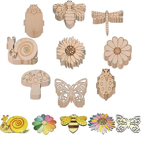 54PCS Unfinished Blank Wooden Cutouts Craft for Kids,Suit for Children's Painting DIY Room Decoration Gift Giving Surprise (54 Insect) Jsehchya