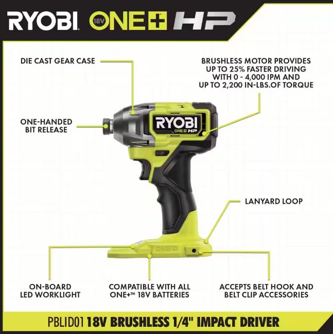 ONE+ HP 18V Brushless Cordless Combo Kit w/ 1/2 in. Drill, 1/4 in. Impact Driver (2) 2.0 Ah Batteries, Charger and Bag RYOBI