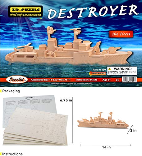 Puzzled 3D Puzzle Destroyer Warship Wood Craft Construction Kit Fun & Educational DIY Wooden Toy Assemble Model Unfinished Craft Hobby Navy Ship - WoodArtSupply