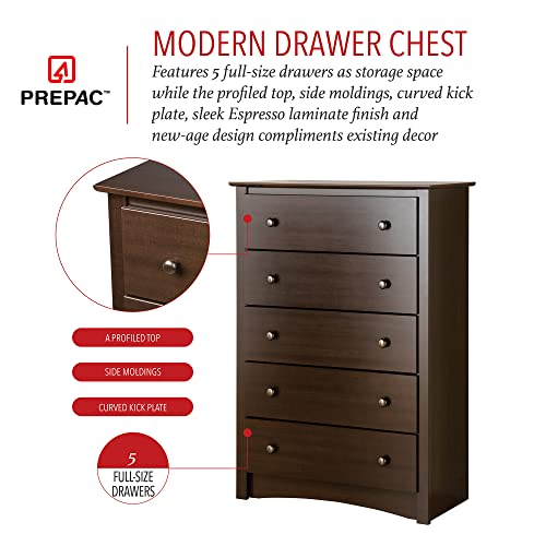 Prepac Fremont Superior 5-Drawer Chest for Bedroom - Spacious and Stylish Chest of Drawers, Measuring 16"D x 31.5"W x 45.25"H, In Espresso Finish