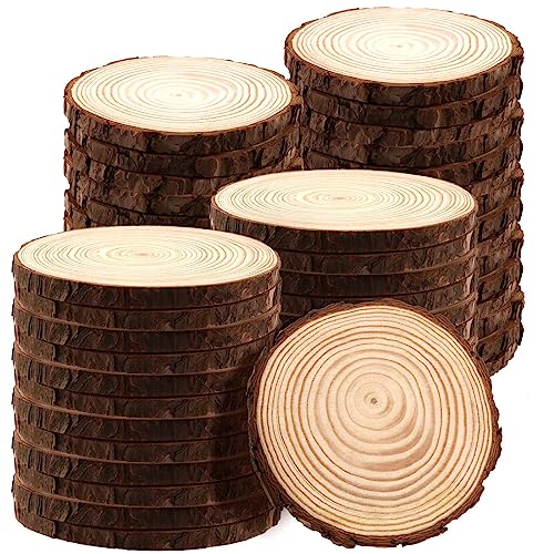 JAPCHET 50 PCS 5-5.5 Inch Natural Wood Slices, Wooden Circle Slices with Bark Unfinished Wood Discs for Home Decorations and Christmas Ornaments JAPCHET