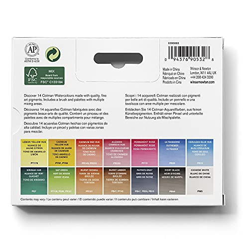 Winsor & Newton Cotman Watercolor Paint Set, Field Set, 14 Half Pan w/ Brush, Mixing Palette, Multicolor, 15 Piece Set Winsor & Newton