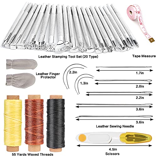 BAGERLA 50 Pieces Leather Working Tools and Supplies with Leather Tool Box Prong Punch Edge Beveler Wax Ropes Needles Perfect for Stitching Punching