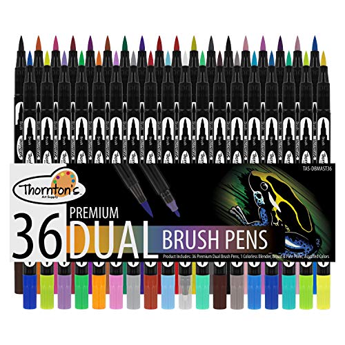 Thornton's Art Supply Professional Dual Tip Brush Pen Pack of 36 - Broad and Fine Point for Adult Coloring Drawing Note Taking Journal Writing - WoodArtSupply