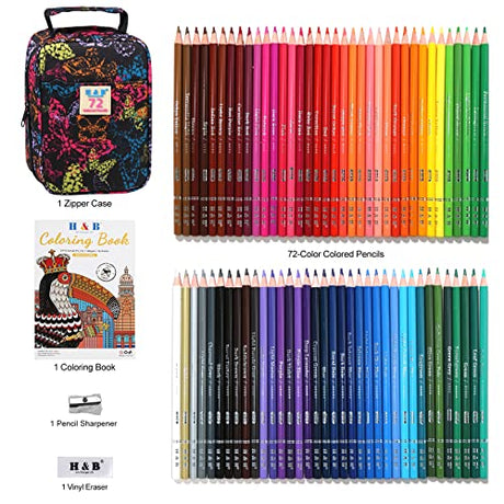 H & B 72-Color Colored Pencils Set with Coloring Book, Eraser, and Sharpener - Perfect for Drawing and Coloring - Soft Oil-Based Cores Ideal for H & B