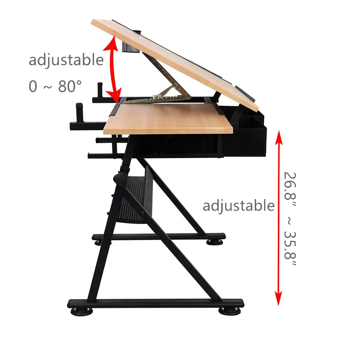 tonchean Drafting Table Height Adjustable Art Desk with Drawers, Wooden Drawing Table Drafting Desk with Storage, Drafting Table Desk Adjustable - WoodArtSupply