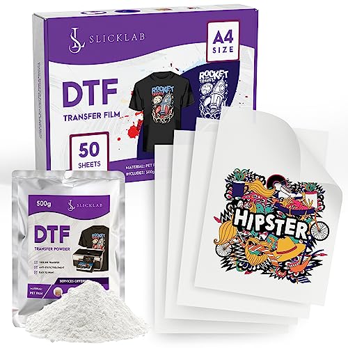 SlickLab A4 DTF Transfer Film and DTF Powder Bundle - 50 Sheets and 500g DTF Transfer Powder for Sublimation - 8.3 x 11.7 Inches - Double-Sided DTF - WoodArtSupply