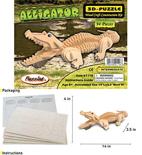 Puzzled 3D Puzzle Alligator Wood Craft Construction Model Kit, Fun, Unique & Educational DIY Wooden Toy Assemble Model Unfinished Crafting Hobby Puzzled