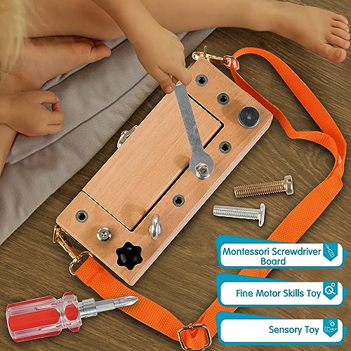 WOODMAM Montessori Screwdriver Board Set, Storage Box & Strap Toddler Travel, Wooden Montessori Toys Fine Motor Skills Toys for 3 4 5 Year Old Kids, WOODMAM