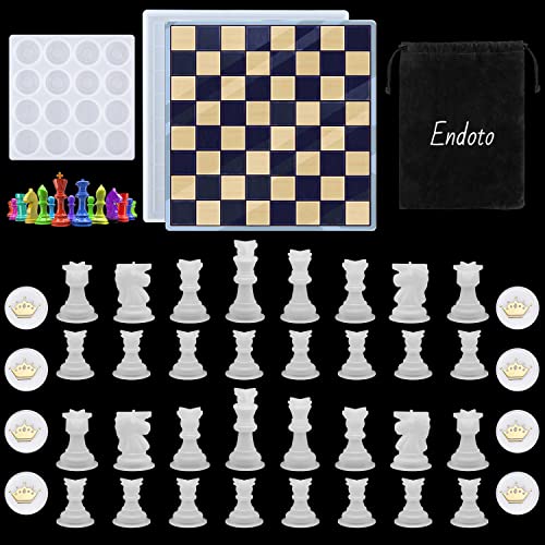 Endoto Chess Set with Checkers Board Silicone Resin Mold, 32 Pieces Full Size 3D Chess Crystal Epoxy Casting Molds for DIY Art Crafts Making, Family