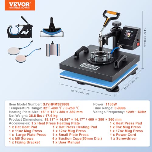 VEVOR Heat Press Machine, 15" x 15" 6 in 1 Combo Heat Press, Heat Transfer Machine 360-Degree Swing Away Digital Shirt Printing, Multi-function Heat VEVOR