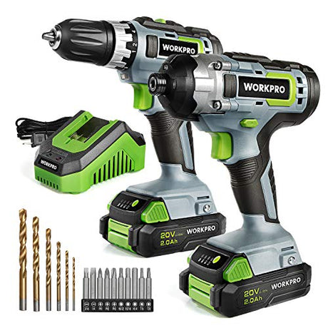 WORKPRO 20V Cordless Drill Combo Kit, Drill Driver and Impact Driver with 2x 2.0Ah Batteries and 1 Hour Fast Charger WORKPRO
