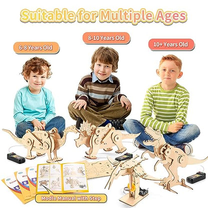 Dinosaur STEM Kits for Kids Ages 6-8-10-12, 4 in 1 Stem Projects, Wood Building Toys for Boys Age 8-12, Build It Yourself Woodworking Kit, DIY 3D - WoodArtSupply