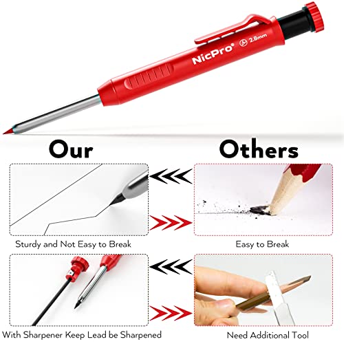 Nicpro Carpenter Pencil with Sharpener, Mechanical Pencils Set with 26 Refills, Deep Hole Marker for Construction, Heavy Duty Woodworking Pencils for - WoodArtSupply