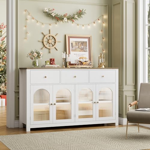 finetones Buffet Cabinet with Storage, 55.1" Large Sideboard Buffet Cabinet, Farmhouse Kitchen Cabinet Display Cabinet with 3 Drawers and 4 Doors, finetones
