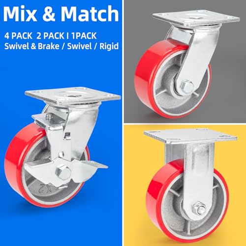 Nefish 5 Inch Industrial Casters Set of 4, Heavy Duty Casters with Brake 4000 Lbs, No Noise Polyurethane Wheel on Steel Hub, Swivel Plate Caster Nefish