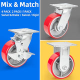 Nefish 5 Inch Industrial Casters Set of 4, Heavy Duty Casters with Brake 4000 Lbs, No Noise Polyurethane Wheel on Steel Hub, Swivel Plate Caster Nefish