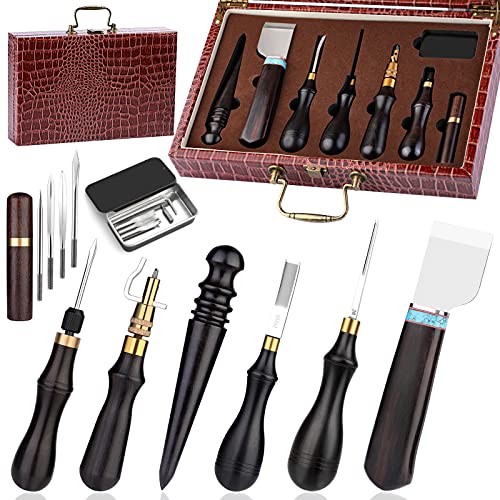 TLKKUE Leather Working Edge Finishing Tool and Supplies with Professional Toolbox Including Leather Cutting Knife and Edge Beveler, Wooden Edge - WoodArtSupply