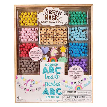 Story Magic Wooden ABC Bead Kit, Premium Wood Jewelry Making Kit, 350+ Wooden Beads & Charms for Beading Bracelets, Great for Playdates & Sleepovers, - WoodArtSupply