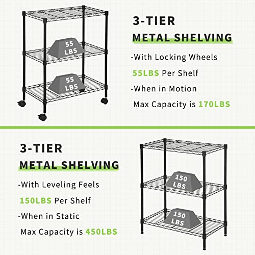 YYkokocat Wire Shelving 32" H x 23W x 13D Storage Shelf with Wheels Adjustable 3 Tier Metal Shelves Unit for Small Places Kitchen Storage Rack Shelf YYkokocat