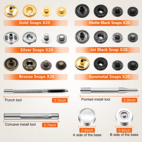 Alritz 120 Set Leather Snap Fasteners Kit, 12.5mm Metal Button Snaps Press Studs with 4 Setter Tools, 6 Color Leather Snaps for Clothes, Jackets, Alritz