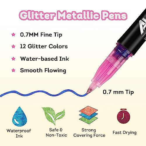 ABEIER Glitter Markers Pens, 12 Colors Sparkle Acrylic Metallic Paint Pens, Fine Point Tip, Water-based Ink for Rock Painting, Stone, Mugs, Ceramic, ABEIER