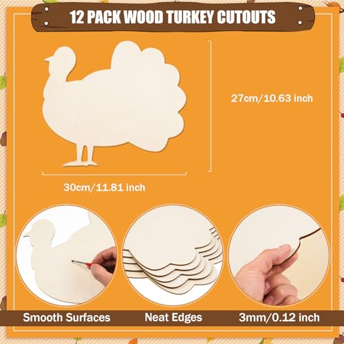 12 Pcs Large Wood Turkey Cutouts Unfinished Wooden Thanksgiving Cutouts Blank Wood Turkey Shape Signs Slices Wood Fall Cutouts to Paint for DIY