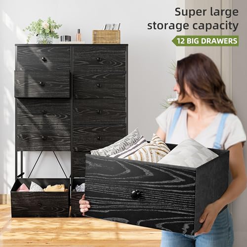EnHomee Tall Dressers for Bedroom, 12 Drawer with Wooden Top and Metal Frame, Fabric Dresser & Chest of Drawers for Closet Living Room, Black Wood EnHomee
