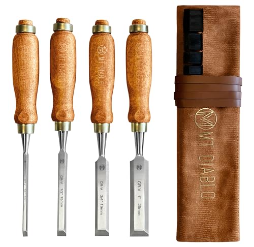 Mt Diablo Wood Chisel Set - 4pc with waxed canvas tool roll. This set of woodoworking tools comes in 4 sizes and comes with a hand tool bag. Mt Diablo