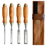 Mt Diablo Wood Chisel Set - 4pc with waxed canvas tool roll. This set of woodoworking tools comes in 4 sizes and comes with a hand tool bag. Mt Diablo