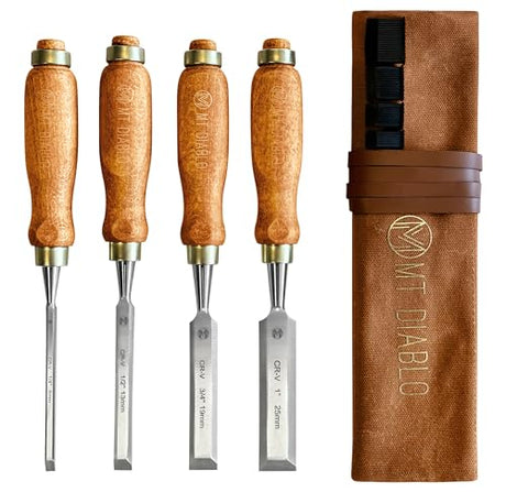Mt Diablo Wood Chisel Set - 4pc with waxed canvas tool roll. This set of woodoworking tools comes in 4 sizes and comes with a hand tool bag. Mt Diablo