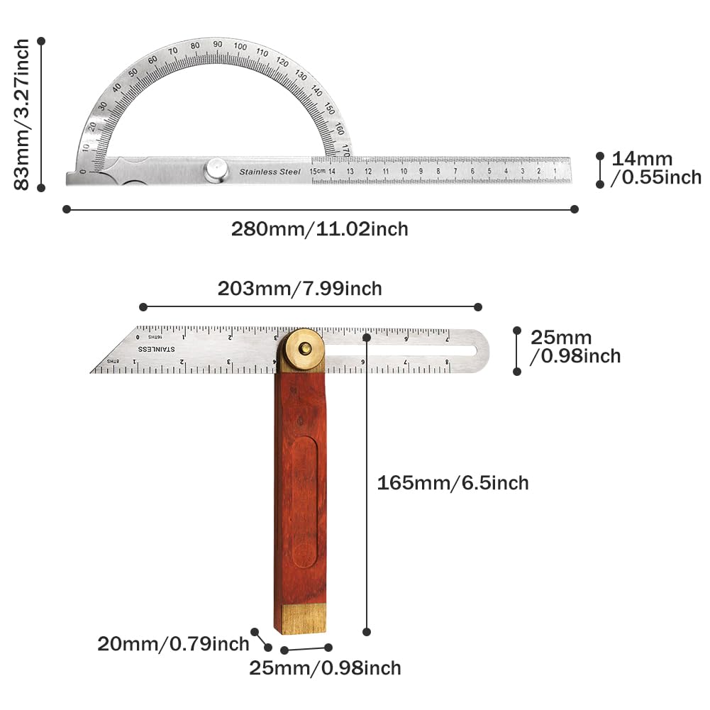 QWLWBU 2Pcs Angle Protractor, T Bevel Angle Finder with Wooden Handle Sliding T-Bevel Bevel Gauge for Carpenter QWLWBU