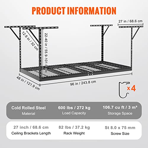 VEVOR Overhead Garage Storage Rack, 4x8 Garage Ceiling Storage Racks, Heavy Duty Adjustable Cold Rolled Steel Racks for Garage Storage, Organization, VEVOR
