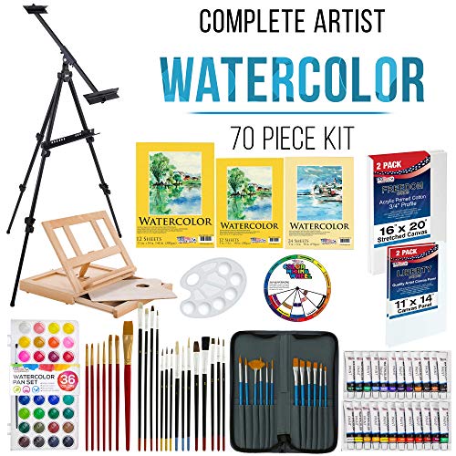 U.S. Art Supply 70-Piece Artist Watercolor Painting Set with Aluminum Field Easel, Wood Table Easel, 60 Watercolor Paint Colors, 34 Brushes, 2 US Art Supply