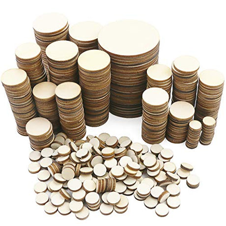 WYKOO 525 Pieces Unfinished Round Wooden Discs, 5 Size Wood Cutout Circles Chips for Arts & Crafts Projects WYKOO