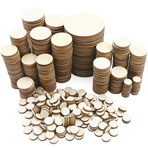 WYKOO 525 Pieces Unfinished Round Wooden Discs, 5 Size Wood Cutout Circles Chips for Arts & Crafts Projects - WoodArtSupply