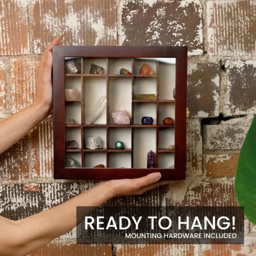 SmartyRocks Adjustable Rock Display Case - Rock Collection Box with Fabric Bed for Rock and Mineral Display - Dark-Finish Shadow Box with Shelves for SmartyRocks