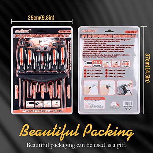 HORUSDY 6-Pieces Magnetic Screwdriver Set, 3 Phillips and 3 Flat Head Tips Screwdriver for Fastening, Chiselling and Loosening Seized Screws (New HORUSDY