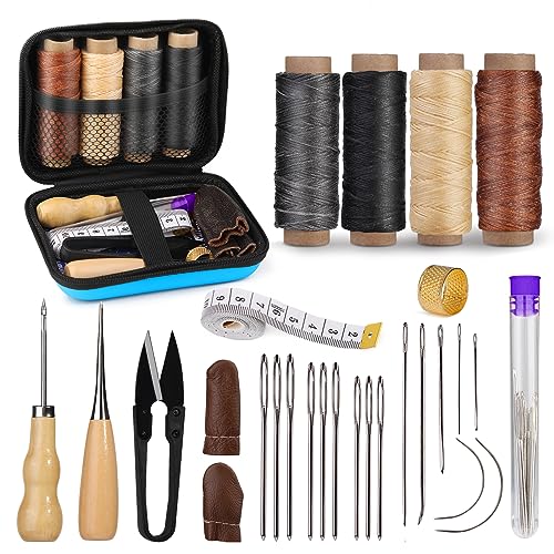 Leather Sewing Kit, Leather Working Tools and Supplies, Leather Working Kit with Large-Eye Stitching Needles, Waxed Thread, Leather Upholstery Repair - WoodArtSupply