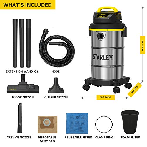 Stanley Wet/Dry Vacuum, 5 Gallon, 4 Horsepower, Stainless Steel Tank - Silver+yellow+black - SL18130 Stanley