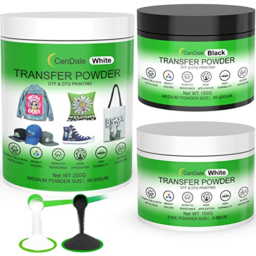 CenDale DTF Powder Kit, Includes Fine Medium, White Black Digital DTF Transfer Powder for Sublimation, Compatible with DTF and DTG Printers, DTF CenDale
