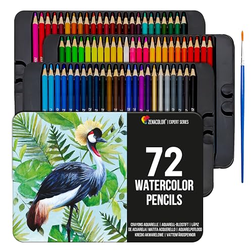 Zenacolor Professional Watercolor Pencils, Set of 72, Metal Box with Brush - Drawing Set for Coloring, Blending and Layering Books, Adult or Kids