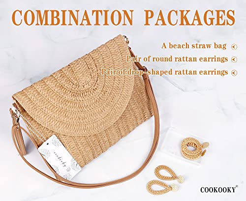 COOKOOKY Straw Clutch Handbag Summer Beach Straw Purse for Women woven Envelope Bag and 2 Pairs Rattan Earrings (Light brown bag and Rattan earrings) - WoodArtSupply