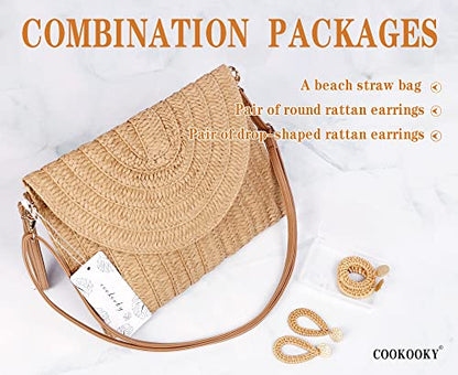 COOKOOKY Straw Clutch Handbag Summer Beach Straw Purse for Women woven Envelope Bag and 2 Pairs Rattan Earrings (Light brown bag and Rattan earrings) - WoodArtSupply