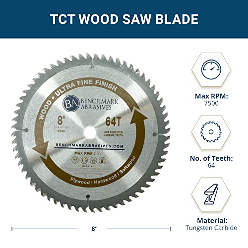 Benchmark Abrasives 8" 64 Tooth, TCT Wood Cutting Saw Blade for General Purpose Cutting & Trimming of Softwoods, Hardwoods, Long Lasting Blades, Use Benchmark Abrasives