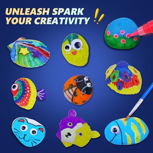 Lymoc 50 Pcs Rock Painting Kit,Seashell Painting Kit,Arts and Crafts  Activities Kits Gift for Kids Ages 6-12+, with 21 Paints Creative Art Toys  for 4