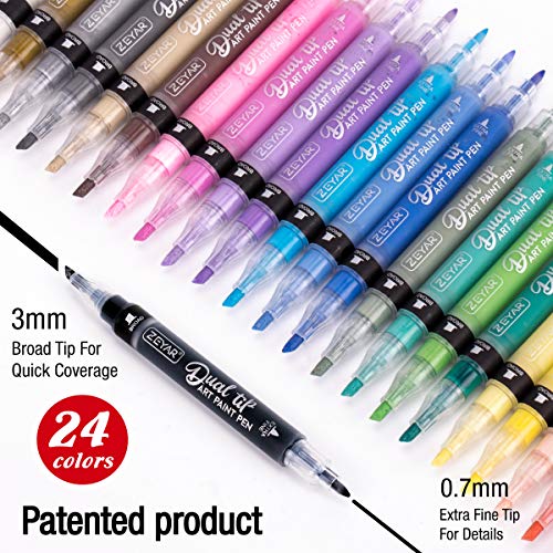 ZEYAR Dual Tip Acrylic Paint Pens 24 Colors, Board and Extra Fine Tips, Patented Product, AP Certified, Waterproof Ink, Works on Rock, Wood, Glass, ZEYAR