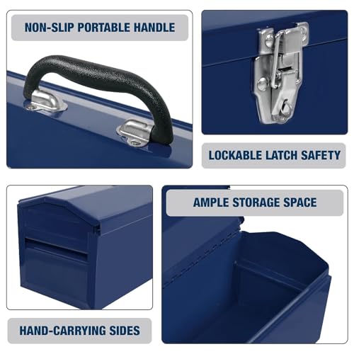 TCE ATB101U-1 Torin Portable Steel Tool Box: 19" Hip Roof Style with Metal Latch Closure and Removable Storage Tray, Blue TCE