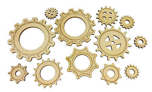 12pc. Set of Wooden Gears - Cool Industrial & Steampunk Design - Laser-Cut Thin Birch Plywood C. B. Gitty