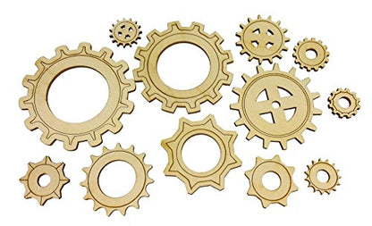 12pc. Set of Wooden Gears - Cool Industrial & Steampunk Design - Laser-Cut Thin Birch Plywood - WoodArtSupply